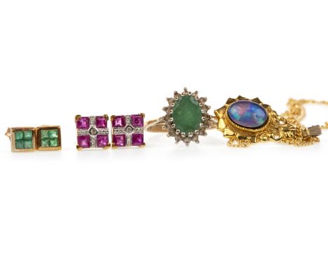 GROUP OF GEM SET JEWELLERY, including a green gem set ring, an opal pendant and two pairs of gem set earrings, 3.9g gross (4)