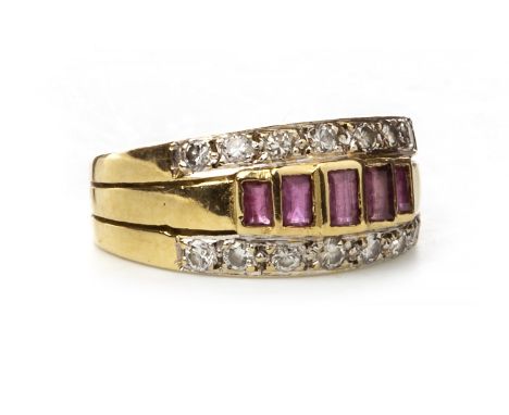 RED GEM SET AND DIAMOND BAND, the five step cut red gems within a border of round brilliant cut diamonds totalling approximat