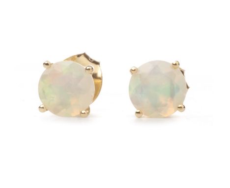 PAIR OF OPAL STUD EARRINGS, each set with a round faceted opal 5.9mm diameter, marked 9k to the butterflies, 0.9g gross