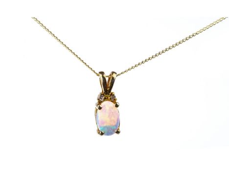 OPAL AND DIAMOND PENDANT, set with an oval opal 5x3mm, suspended from a diamond bale, marked 10k, on a curb link chain marked