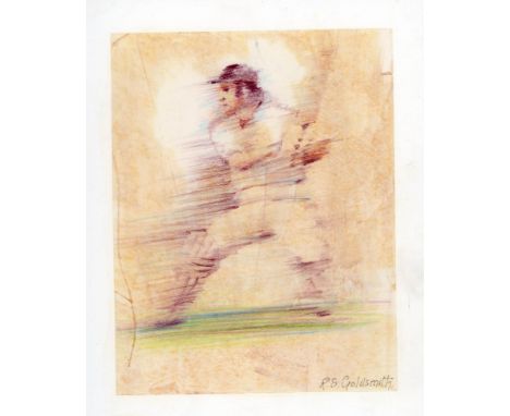 Cricket: 7" x 5½" coloured sketch of Cricketer by R.S.Goldsmith for 1980 Sport issue whuch he designed.