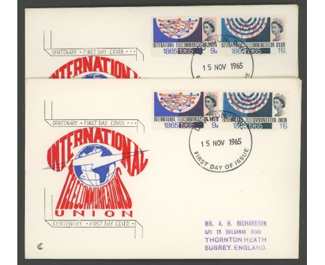 1965 ITU (Ord) with Light Pink Omitted F/U on FDC with matching FDC with normal set for comparison. Printed address, fine. Pi