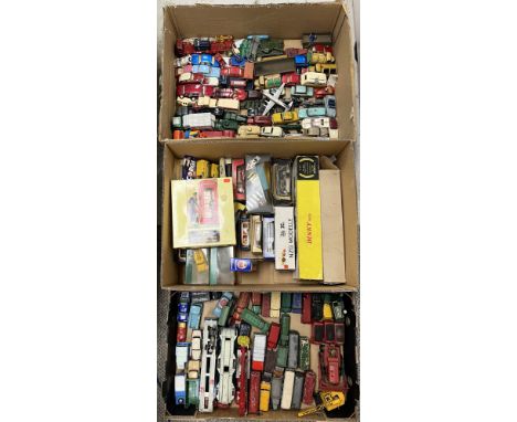 A large quantity of assorted playworn Dinky and other toys to include Blaw Knox bulldozer, Atlantean bus, Mobile gas truck, a