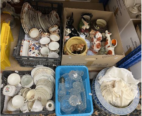 Four boxes of assorted sundry china and glassware to include decanters, Royal Doulton Isaac Walton No. D6404 character jug, v