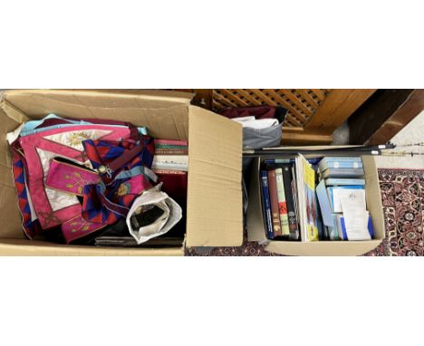 A large collection of Masonic regalia to include aprons, jewels, swords (no handles), briefcase together with various books e