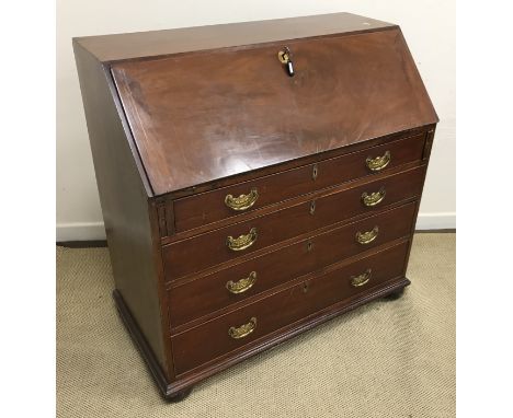A 19th Century mahogany bureau, the plain top above a plain fall enclosing a basic fitted interior over four long graduated d