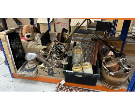 A collection of sundry items to include copper coal helmets, sewing boxes, sword, baskets, various lighting and a box of asso