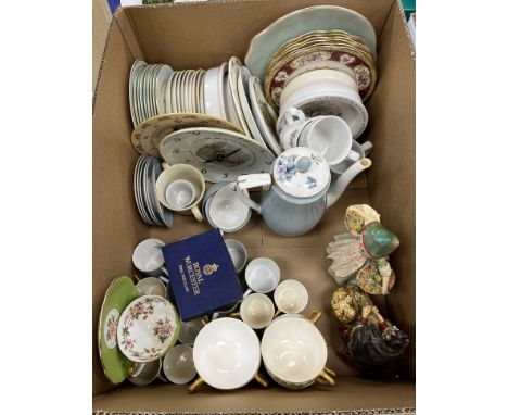 A box of assorted china ware comprising Royal Doulton Bunnykins bowl, Wedgwood Mrs Tiggy-Winkle bowl, Royal Doulton Winnie th