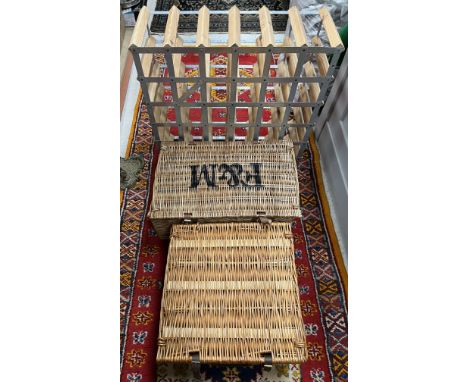 A Fortnum and Mason wicker hamper, a further wicker picnic hamper with fitted interior and a thirty-six section wine rack