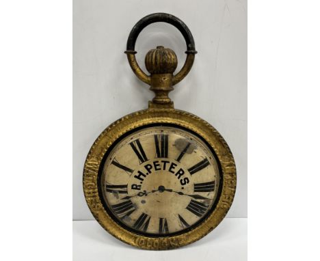 A 19th Century painted cast iron trade or shop sign as a pocket watch, with Roman numerals, inscribed "R H Peters Watches Clo