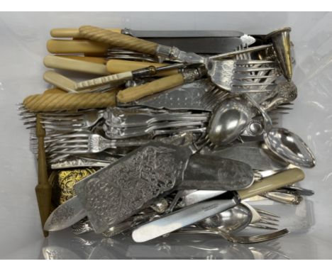 A box of assorted plated cutlery, together with a 19th Century corkscrew, a pair of silver sugar tongs, a decorative spoon by