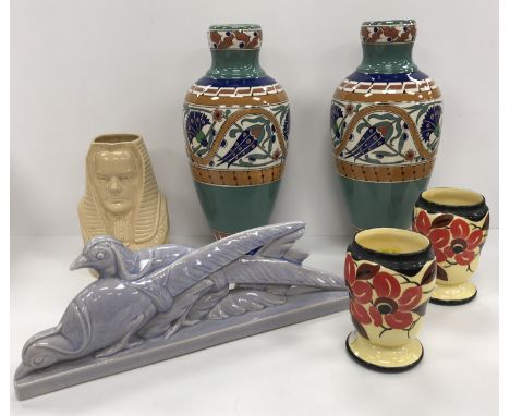 A collection of various Art Deco and similar pottery and artifacts including a pair Arnhem Pottery Lindus floral banded vases