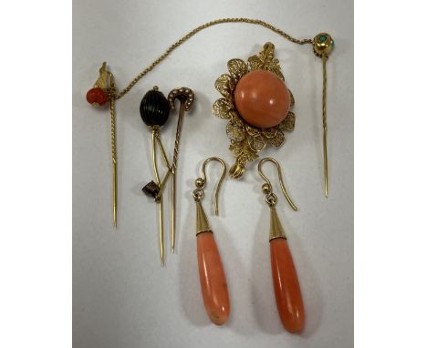 A collection of various gold and filigree work and other jewellery including a pair of coral pendant earrings, a coral filigr