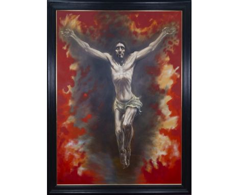 * PETER HOWSON OBE (SCOTTISH b 1958), CRUCIFIXION oil on canvas, signed 240cm x 180cm (approximately 95 x 71 inches) Framed. 