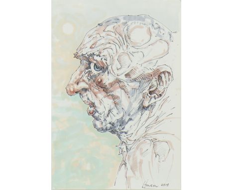 * PETER HOWSON OBE (SCOTTISH b 1958), PROFILE ink and wash on card, signed and dated 2015 17cm x 12cm Mounted, framed and und