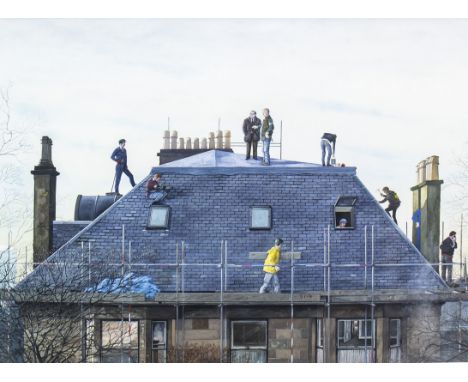 * AVRIL PATON (SCOTTISH b 1941), TOPPING OUT DAY (c1995) watercolour on paper 80cm x 100cm Framed and under glass. Label vers