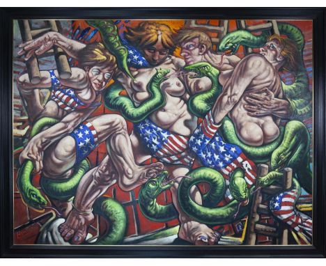 * PETER HOWSON OBE (SCOTTISH b 1958), WOMEN OF AMERICA oil on canvas, signed 198cm x 259 cm Framed