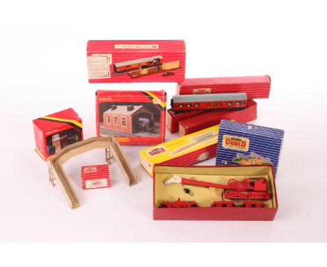 Hornby Dublo 00 Gauge Coaches and Accessories: 4049 maroon Restaurant Car and D20 WR Restaurant Car, 4061 WR Corridor Coach, 