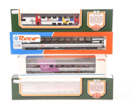 H0 Gauge Swiss Railways coaching stock by various makers: Double-deck cars ref 703 and 709 by HAG; ‘Le Buffet Suisse’ car by 