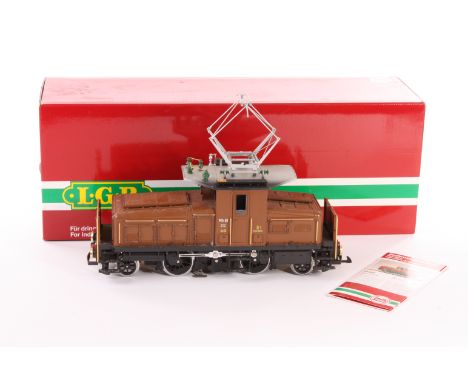 An LGB Gauge 1 electric locomotive: ref 21440 2-B-2 in RhB brown livery, with steeple cab, single pantograph and jackshaft dr