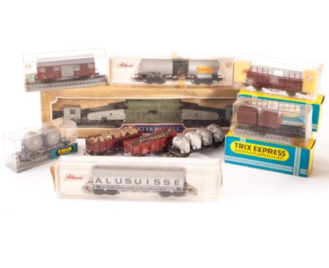 H0 Gauge Freight stock by Liliput and Trix: including Giant Transformer-wagon, Alusuisse hopper, Shell and Esso tankers and o