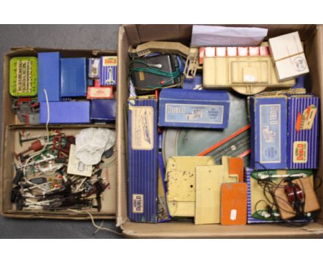 A large box of Hornby-Dublo 00 Gauge 3-rail track and scenic Items: including electric points, level crossings, signal boxes,