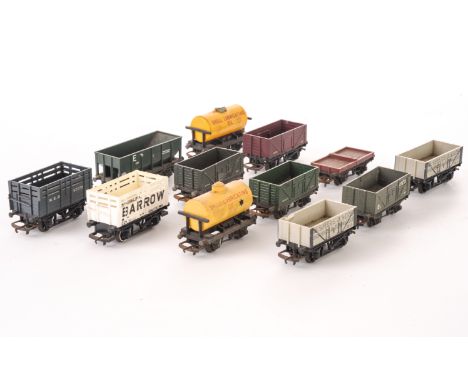 Triang 00 Gauge wagons: including green ‘E’ engineer’s hopper wagon, Barrow Haematite, NER Coke and others; with Wrenn light 