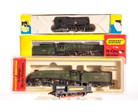 N Gauge steam locomotives by Hornby MiniTrix and Grafar: in BR green; N.211 ‘Mallard’ 4-6-2 in BR green; and Grafar 94xx 0-6-