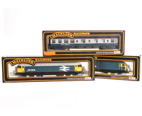 00 Gauge Diesel locomotives and Coach by Mainline: Class 56 locomotives, 56 079 in standard BR blue and 56 084 in ‘large logo