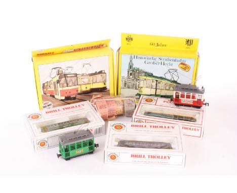 H0 Gauge trams by Bachmann and others: Seven Brill Trolley cars (3 Hershey in brown, 4 Desire St in green) and 3 PCC trolleys