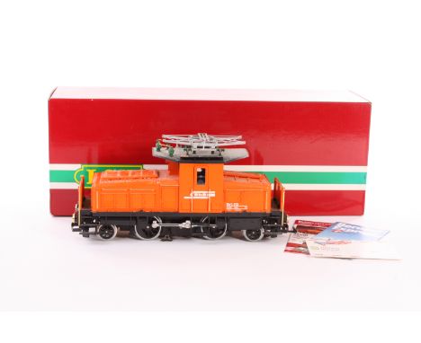 An LGB Gauge 1 electric locomotive: ref 2044 2-B-2 in RhB orange livery as Ge 2/4 No. 213, with steeple cab, single pantograp