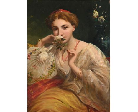 JAMES EDGELL COLLINS (BRITISH 1820-CIRCA 1875) PORTRAIT OF A LADY WITH A WHITE ROSE Oil on board Signed and dated '1871' (low