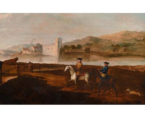 FOLLOWER OF PETER TILLEMANS WILLIAM STONE ESQ RIDING IN A LANDSCAPE Oil on panel With later inscribed sheet (affixed verso) 5