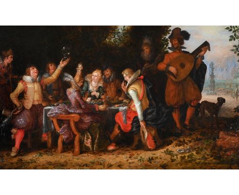 DAVID VINCKBOONS (DUTCH 1576 - 1632/33) ELEGANT COMPANY FEASTING WITH MUSICIANS BENEATH AN ARBOUR Oil on panel Signed and dat