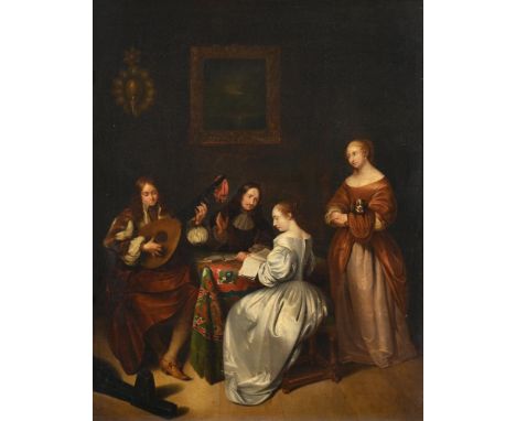 AFTER CASPAR NETCHER  FIGURES IN AN INTERIOR Oil on canvas  Inscribed `Earl Howe Gopsall Hall' (on a label on the reverse) 43