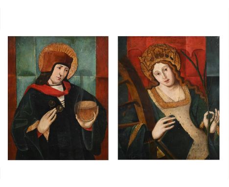 SPANISH SCHOOL (16TH CENTURY) SAINT CAHTERINE OF ALEXANDRIA; A MALE SAINT HOLDING A FLASK, POSSIBILY SAINT OMOBUONO Oil on pa