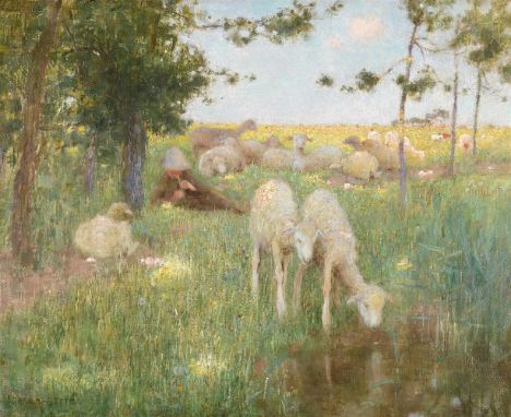 EDWARD WILLIAM STOTT (BRITISH 1855-1918)  TREES OLD AND YOUNG, SPROUTING A SHADY BOON FOR SIMPLE SHEEP Oil on canvas Signed (