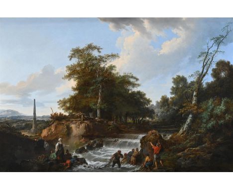 JEAN-BAPTISTE LE PRINCE (FRENCH 1734-1781) FISHERFOLK LAYING NETS BY A WATERFALL Oil on canvas Signed and dated '1773' (lower