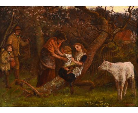 ARTHUR HUGHES (BRITISH 1832-1915) STUDY FOR 'EVENING' Oil on board Signed (lower right); label inscribed 'Finished sketch [fo
