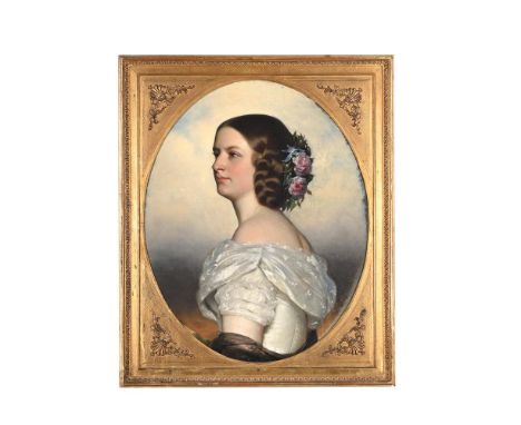 BRITISH SCHOOL (19TH CENTURY) PORTRAIT OF A LADY IN A WHITE DRESS Oil on canvas, feigned oval 72 x 58cm (28¼ x 22¾ in.)   Con