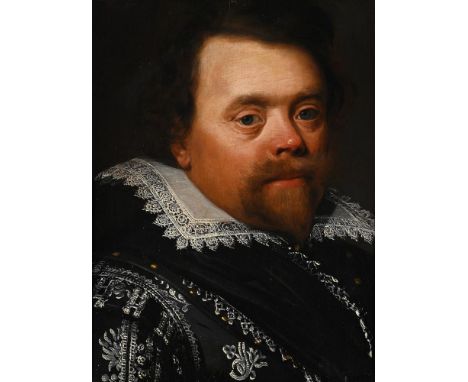 FOLLOWER OF JAN ANTHONISZ VAN RAVESTEYN  PORTRAIT OF A GENTLEMAN, BUST LENGTH, IN A LACED TRIMMED BLACK DOUBLET Oil on panel 