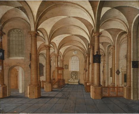 FOLLOWER OF PIETER NEEFS II AN INTERIOR OF A CHURCH WITH A TOMB AT THE CENTRE Oil on panel 31 x 38.5cm (12 x 15 in.)   Condit