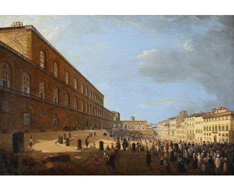 ATTRIBUTED TO GIOVANNI SIGNORINI (ITALIAN 1808-1864) VIEW OF THE GRAND DUKE LEAVING THE PITTI PALACE Oil on canvas 31.5 x 47c