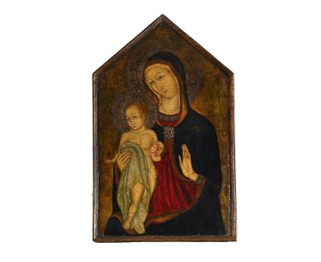 MANNER OF UGOLINO DA SIENA  MADONNA AND CHILD  Mixed media on panel 45.5 x 27.5cm (17¾ x 10¾ in.)   Condition Report:  The pa