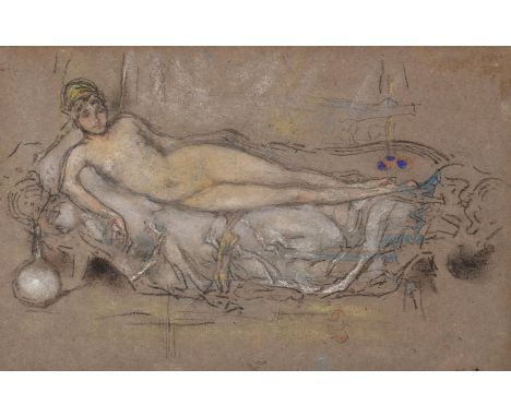 JAMES ABBOTT MCNEILL WHISTLER (AMERICAN 1834- 1903)  NUDE MODEL RECLINING (M.1606) Chalk and pastel on brown paper  Signed wi