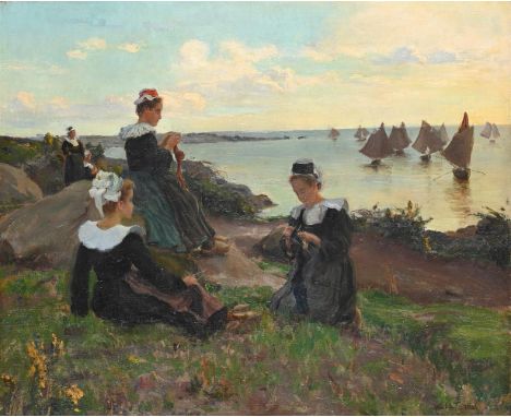 ALFRED-VICTOR FOURNIER (FRENCH 1872-1924) YOUNG BRETONS KNITTING BY THE SEA Oil on canvas Signed and dated '1906' (lower righ