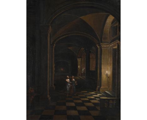 ATTRIBUTED TO HENDRIK VAN STEENWYCK II (DUTCH 1580-1649) SAINT PETER BEING RELEASED FROM PRISON Oil on panel 32 x 25cm (12½ x