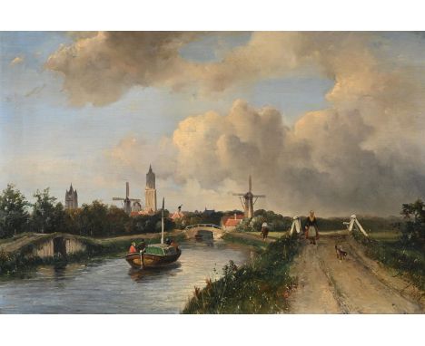 JOHAN-BARTHOLD JONGKIND (DUTCH 1819-1891)  VIEW OF DELFT: A CANAL WITH BARGES, A FIGURE WITH A DOG ON THE CANAL PATH, A TOWN 