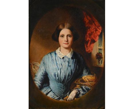 BRITISH SCHOOL (19TH CENTURY) PORTRAIT OF A LADY IN A BLUE DRESS Oil on artists board, feigned oval 36.5 x 25.5cm (14¼ x 10 i