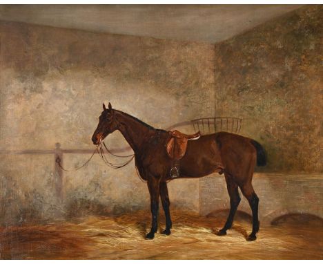 JAMES WALSHAM BALDOCK (BRITISH 1822-1898) A SADDLED BAY RACEHORSE IN A STABLE Oil on canvas Signed and dated '1884' (lower ri